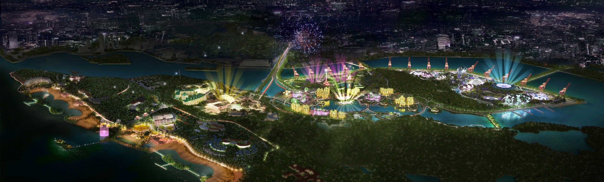 Aerial view of a vibrant theme park at night, illuminated by colorful lights and fireworks. Surrounding water and forest create a lively, festive atmosphere.