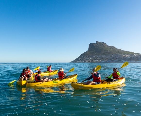 A group of people in bright yellow kayaks paddle on a calm blue sea under a clear sky, with a town nestled on a green mountain in the background.
