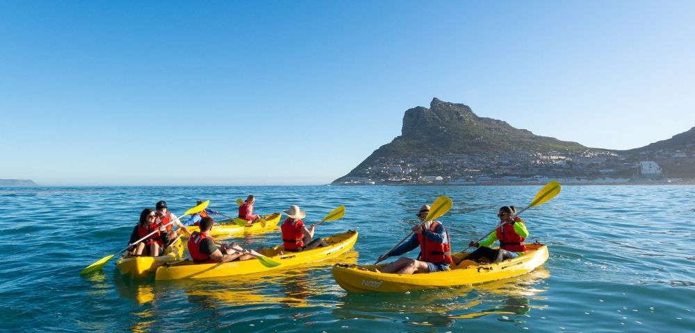 A group of people in bright yellow kayaks paddle on a calm blue sea under a clear sky, with a town nestled on a green mountain in the background.