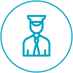 Icon of a person wearing a uniform and hat, outlined in blue within a blue circular border.