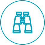 Blue binoculars icon inside a circular border.