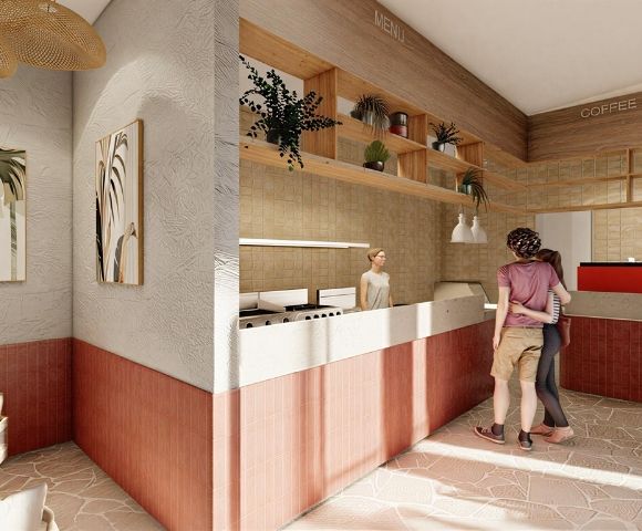 Interior view of a modern cafe with a counter, shelves displaying plants, and two customers standing near the counter.