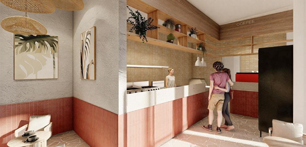Interior view of a modern cafe with a counter, shelves displaying plants, and two customers standing near the counter.