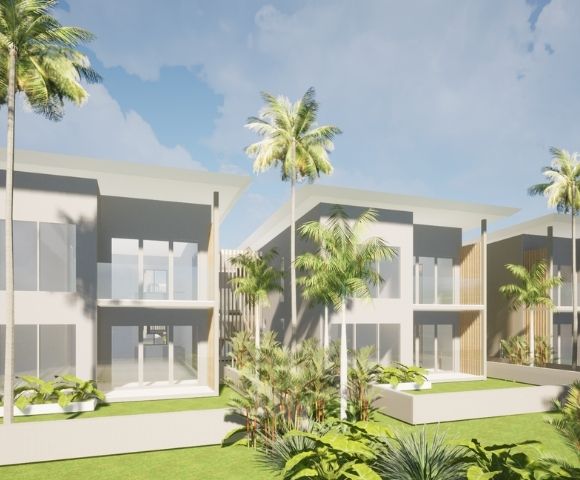 Architectural rendering of modern, multi-story villas with large windows, balconies, and tropical landscaping, featuring palm trees under a bright sky.