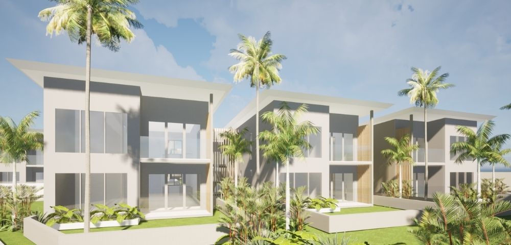 Architectural rendering of modern, multi-story villas with large windows, balconies, and tropical landscaping, featuring palm trees under a bright sky.