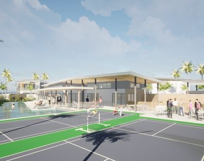 Architectural rendering of a resort or club with a swimming pool, a covered outdoor dining area, and multiple badminton courts, palm trees, and a clear blue sky with clouds.