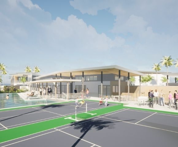 Architectural rendering of a resort or club with a swimming pool, a covered outdoor dining area, and multiple badminton courts, palm trees, and a clear blue sky with clouds.