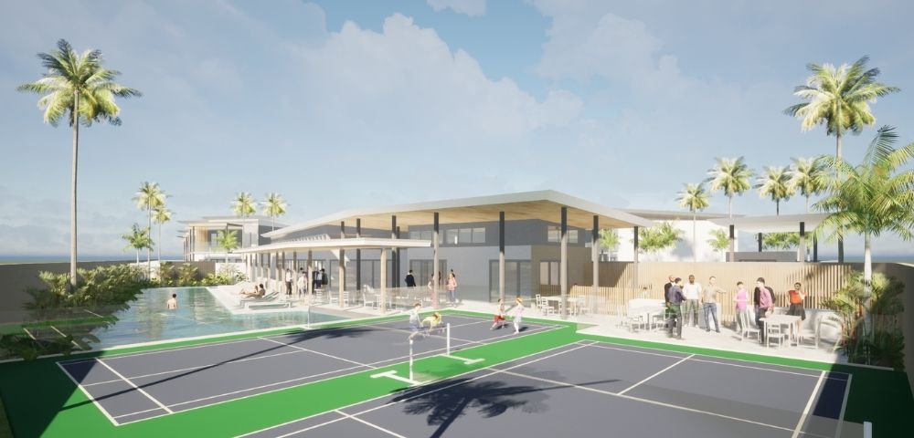 Architectural rendering of a resort or club with a swimming pool, a covered outdoor dining area, and multiple badminton courts, palm trees, and a clear blue sky with clouds.