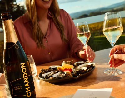 A bottle of Chandon Blanc de Blancs champagne sits on a wooden table next to a platter of oysters, lemon wedges, and caviar. Two glasses of champagne are held by hands in the background, with people enjoying the drinks and food outdoors overlooking a vineyard.