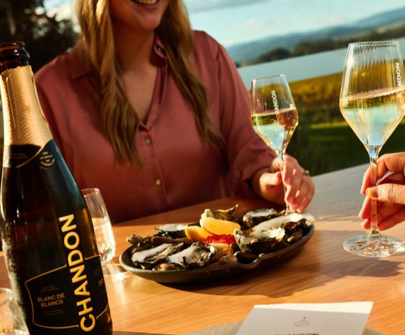 A bottle of Chandon Blanc de Blancs champagne sits on a wooden table next to a platter of oysters, lemon wedges, and caviar. Two glasses of champagne are held by hands in the background, with people enjoying the drinks and food outdoors overlooking a vineyard.