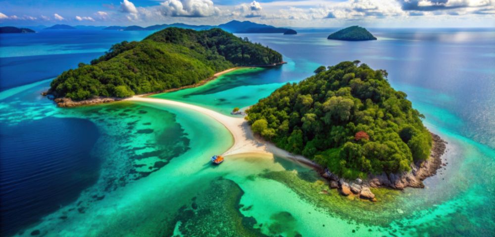Aerial view of two lush green islands connected by a white sandbar, surrounded by vibrant turquoise and deep blue waters, with a small boat anchored in the shallows and distant islands under a partly cloudy sky.