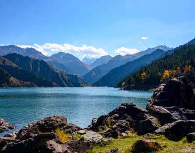 A wide, serene turquoise lake stretches out towards a dramatic mountain range under a clear blue sky with scattered white clouds. Dark green pine forests and patches of golden autumn foliage cling to the steep, brown slopes of the mountains, which are capped with snow in the distance. Jagged, dark rocks and grassy terrain fill the foreground along the lake's edge.