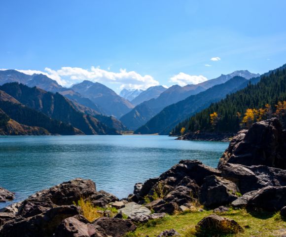 A wide, serene turquoise lake stretches out towards a dramatic mountain range under a clear blue sky with scattered white clouds. Dark green pine forests and patches of golden autumn foliage cling to the steep, brown slopes of the mountains, which are capped with snow in the distance. Jagged, dark rocks and grassy terrain fill the foreground along the lake's edge.