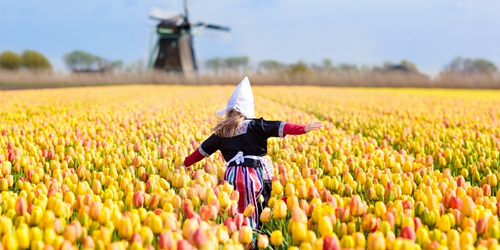 A female in traditional Dutch attire runs joyfully through a vibrant tulip field, with a windmill blurred in the background under a clear blue sky.