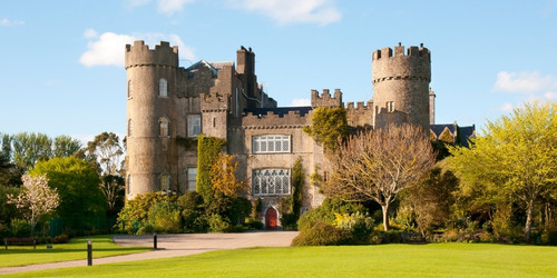 A historic stone castle with round towers stands amidst lush greenery under a blue sky. The scene conveys a sense of grandeur and tranquility.