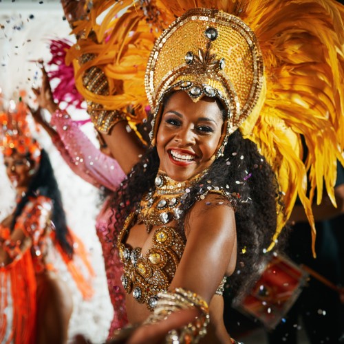 Dancers wearing vibrant, ornate costumes with large feathered headdresses perform energetically amid falling confetti at a festive celebration.
