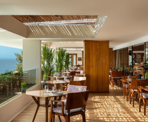 Bright, modern seaside restaurant terrace with wooden furniture, glass railing, green plants, and ocean view under a partial pergola roof.