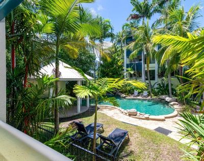 Tropical resort courtyard with a freeform swimming pool, lounge chairs, and lush palm trees.