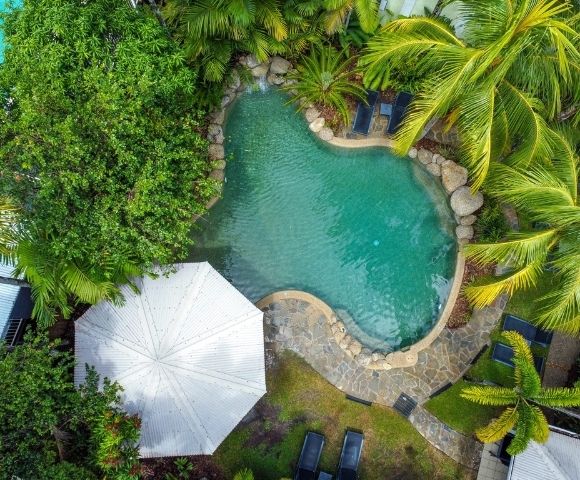 Aerial view of a kidney-shaped pool surrounded by tropical palm trees, stone pathways, lounge chairs, and a large white umbrella.