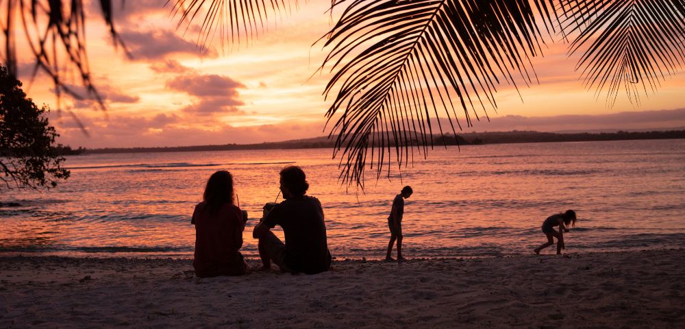 Silhouetted figures of a couple sitting on a beach and two children playing by the water at sunset, with a palm frond overhead.