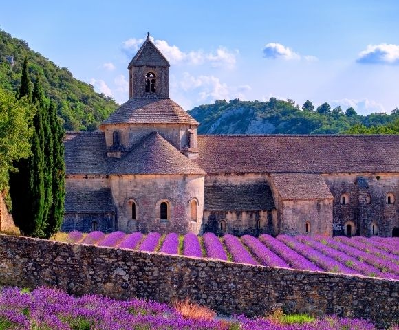 Lavender fields and historic abbey in the Provence countryside