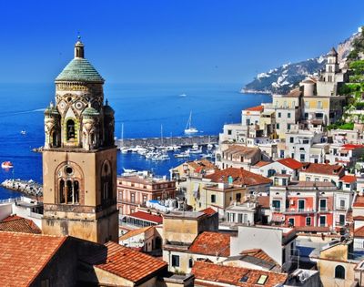 Scenic Amalfi Coast town overlooking the Mediterranean Sea