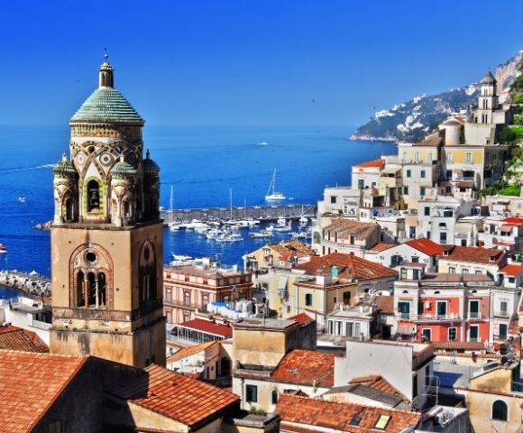Scenic Amalfi Coast town overlooking the Mediterranean Sea