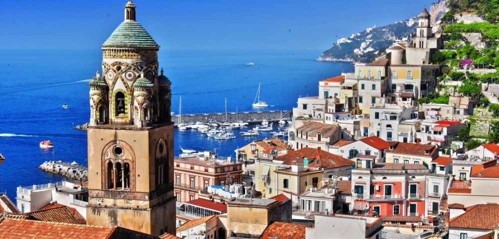 Scenic Amalfi Coast town overlooking the Mediterranean Sea