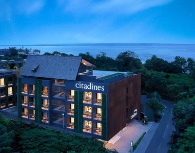 Modern hotel building with the name 