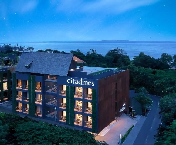 Modern hotel building with the name 