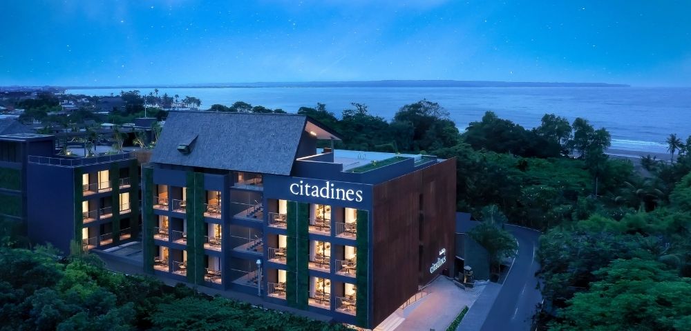 Modern hotel building with the name 
