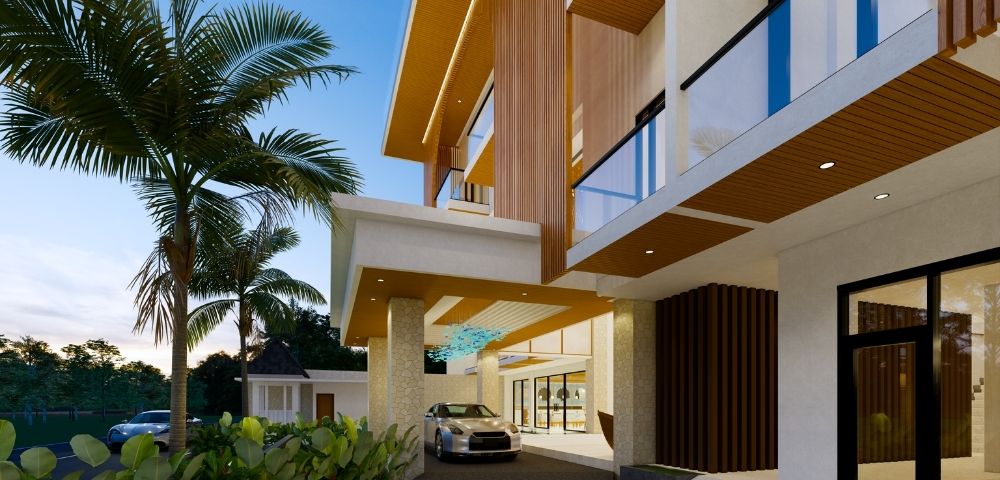 A modern resort entrance with palm trees, a silver car, and a multi-story building with wood and glass accents.