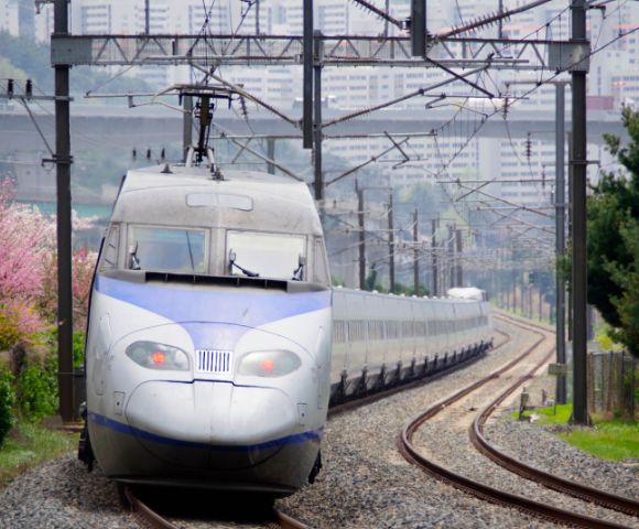 A streamlined, modern train with a white and blue front travels along curved railway tracks under overhead electrical lines, with blurred city buildings and blooming pink trees in the background.