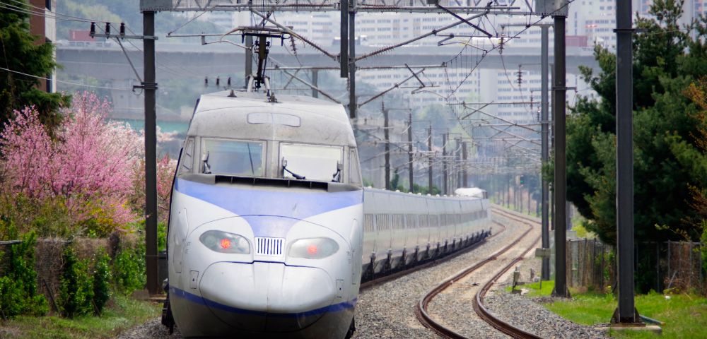 A streamlined, modern train with a white and blue front travels along curved railway tracks under overhead electrical lines, with blurred city buildings and blooming pink trees in the background.