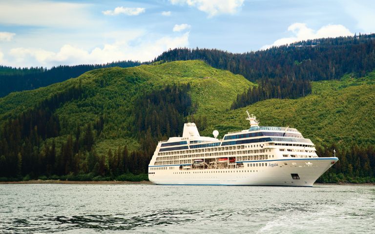 A large white cruise ship named 