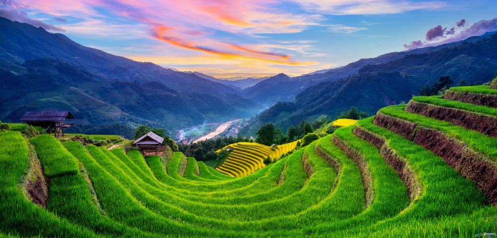 Lush green terraced rice fields cascade down a mountainside valley at sunrise, with a river winding through the distant landscape and two small wooden huts nestled among the crops.