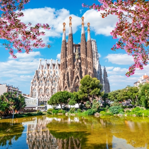 Sagrada Família basilica framed by pink cherry blossoms, reflected in a pond under a bright blue sky in Barcelona.