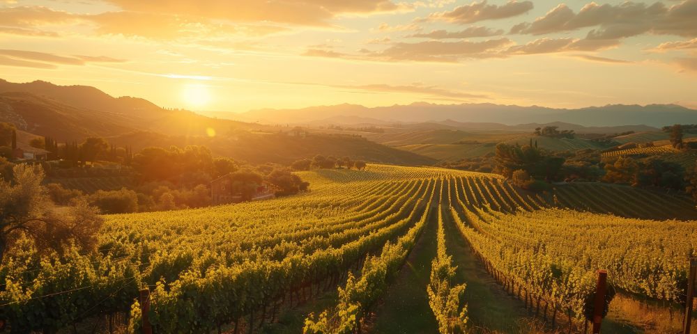 Rows of lush green grapevines stretch across a rolling hillside landscape at sunset, with golden light illuminating the valley and distant mountains.