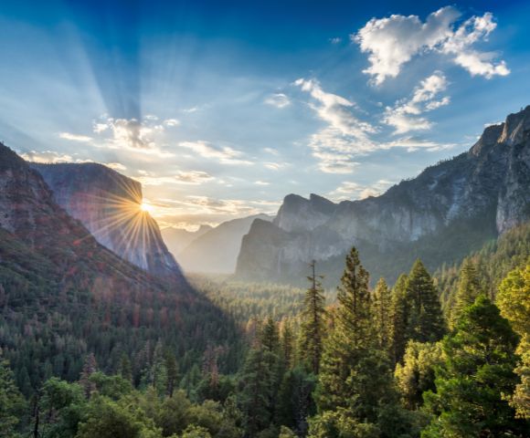 A sunburst shines over the granite cliffs of Yosemite Valley, illuminating a dense evergreen forest below under a bright blue sky with scattered clouds.