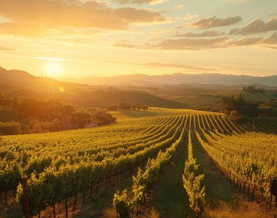 Rows of lush green grapevines stretch across a rolling hillside landscape at sunset, with golden light illuminating the valley and distant mountains.