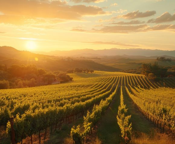 Rows of lush green grapevines stretch across a rolling hillside landscape at sunset, with golden light illuminating the valley and distant mountains.