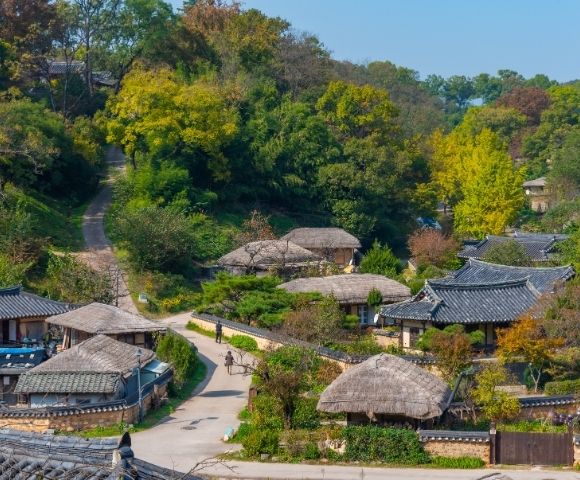 Aerial view of a traditional village featuring several thatched-roof houses along winding paths. The landscape is green with trees and ornamental shrubs, creating a serene environment typical of historic architecture.
