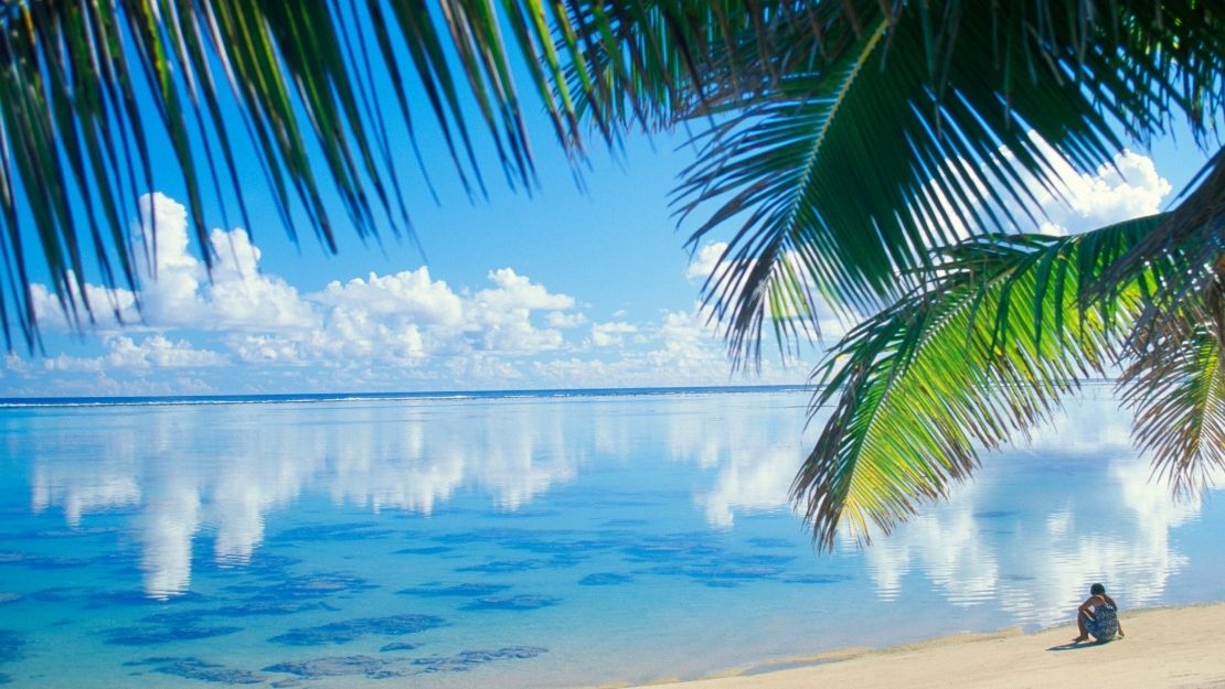 Calm beach scene with clear blue water, a sandy shore, white clouds reflected in the ocean, and palm tree leaves in the foreground.