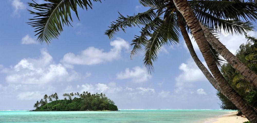 A tropical island with palm trees in the foreground and background, set against a bright blue sky with scattered clouds. The clear, turquoise water gently laps at a sandy beach.