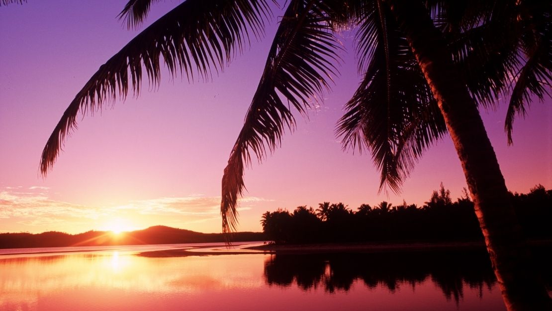Silhouettes of palm trees frame the scene as the sun sets on a calm body of water. The sky displays vibrant purple and orange hues, reflecting on the tranquil surface, with a distant shoreline lined with more trees.