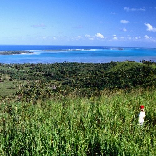 A person wearing a red hat stands in tall green grass on a hillside overlooking a lush, tropical landscape with turquoise ocean and islands under a clear blue sky.
