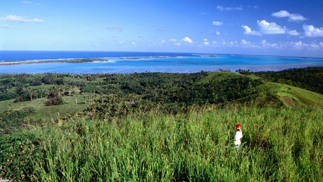 A person wearing a red hat stands in tall green grass on a hillside overlooking a lush, tropical landscape with turquoise ocean and islands under a clear blue sky.