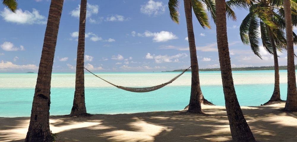 Hammock strung between two palm trees on a sandy beach with clear turquoise water and a bright blue sky.