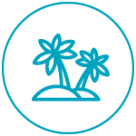 Icon of a two palm trees, outlined in blue within a blue circular border.