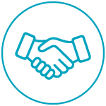 Icon of a handshake, outlined in blue within a blue circular border.